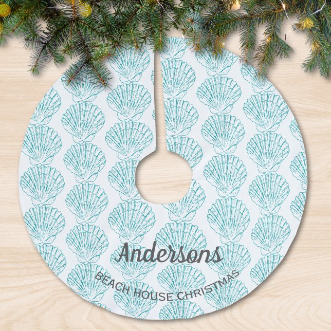Beach Theme Shell Family Name Beach House Teal Brushed Polyester Tree Skirt (Creator Uploaded)