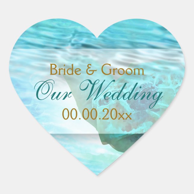 Beach theme wedding turtle PERSONALIZE Heart Sticker (Front)