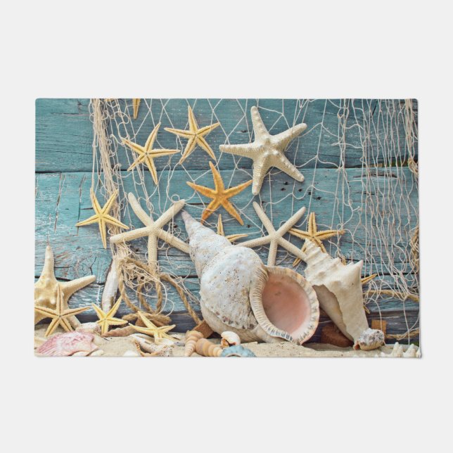 Beach Themed Conch Shell, Starfish & Fishing Net Doormat (Front)