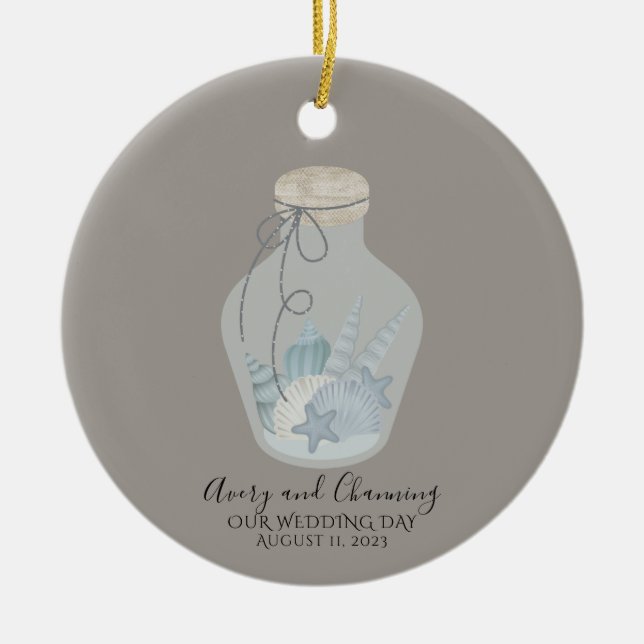Beach Themed "Our Wedding Day" with Shells  Ceramic Tree Decoration (Front)