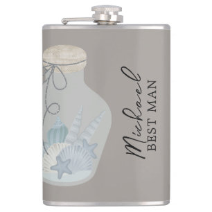 Beach Themed "Our Wedding Day" with Shells Hip Flask