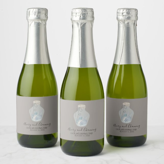 Beach Themed "Our Wedding Day" with Shells Mini Sparkling Wine Label (Bottles)