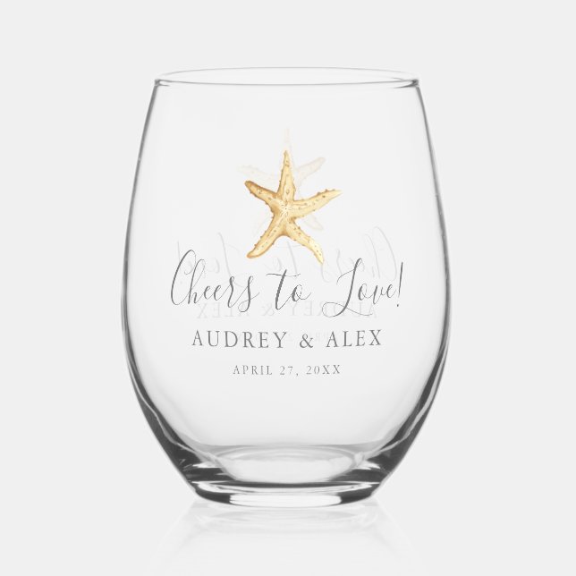 Beach Themed Starfish Wedding Stemless Wine Glass (Front)