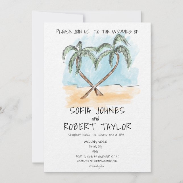Beach Themed watercolor  Calligraphy Palm Tropic Invitation (Front)