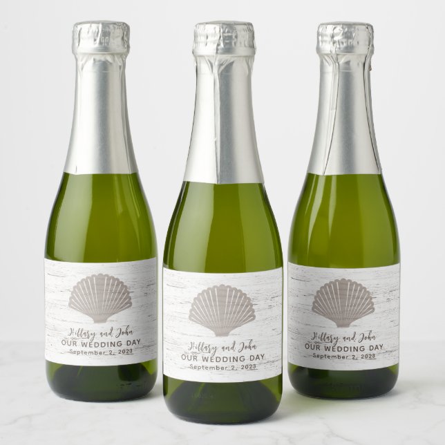 Beach Themed Wedding Wood Grain Sparkling Wine Label (Bottles)