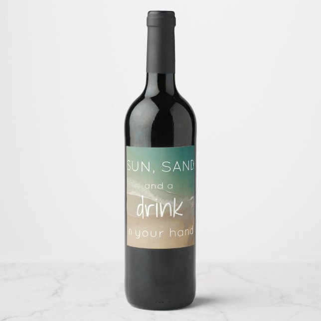 Beach Themed Wine Bottle Labels with Quote (Front)