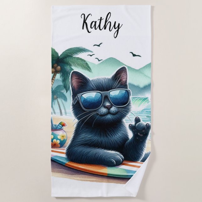 Beach Time Cool Black Cat Personalised  Beach Towel (Front)