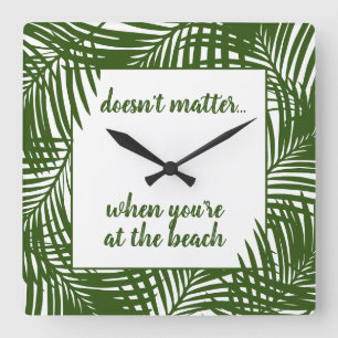 Beach Time Modern Green Palm Leaf Pattern Square Wall Clock