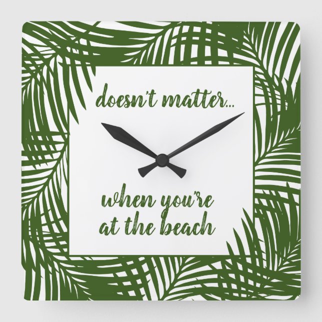 Beach Time Modern Green Palm Leaf Pattern Square Wall Clock (Front)