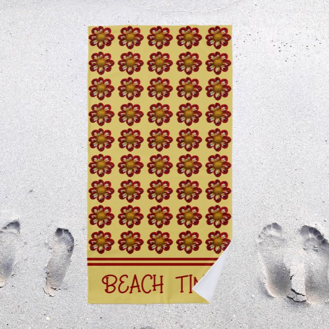 Beach Time Red Dahlia Floral Pattern on Yellow Beach Towel (In Situ Beach)