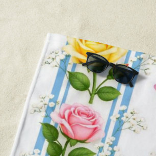 Beach Towel Blue Pink & Yellow Roses Floral Stripe