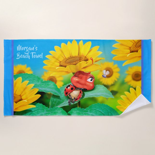 Beach towel sleepy Ladybug sunflowers. Blue edge (Front)