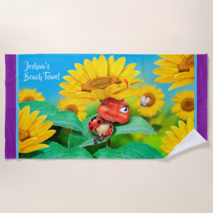 Beach towel sleepy Ladybug sunflowers. Purple edge