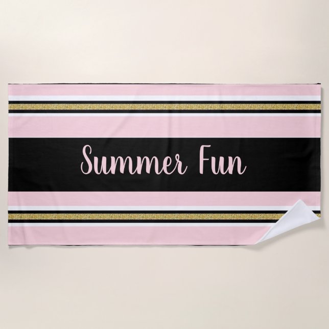 Beach Towel Spring Pink & White Gold Black Stripe (Front)