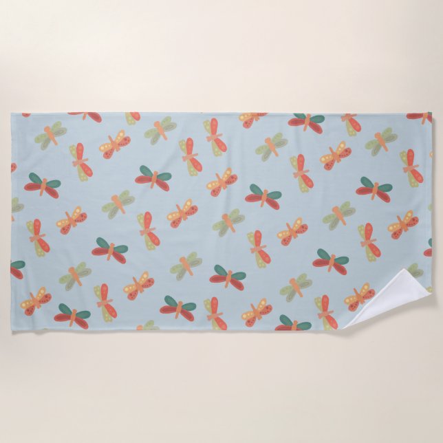 Beach towel with cheerful dragonfly pattern.  (Front)