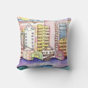 BEACH TOWN ON THE WATER Watercolor Pillow