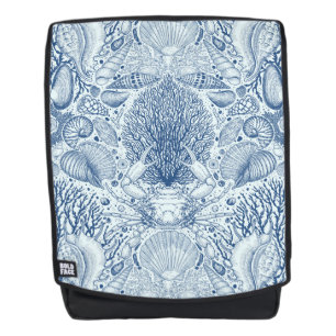 Beach treasures in blue backpack