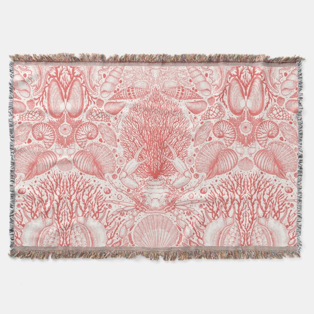 Beach treasures in coral red throw blanket (Front)