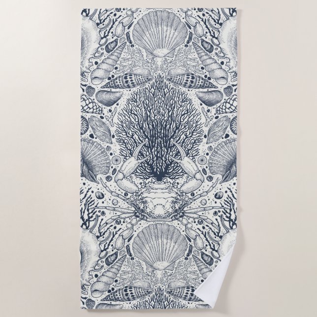 Beach treasures, seashells, crab, corals and seawe beach towel (Front)