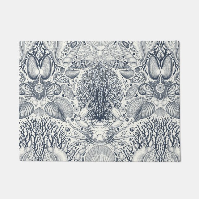 Beach treasures, seashells, crab, corals and seawe doormat (Front)