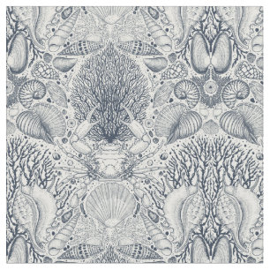 Beach treasures, seashells, crab, corals and seawe fabric