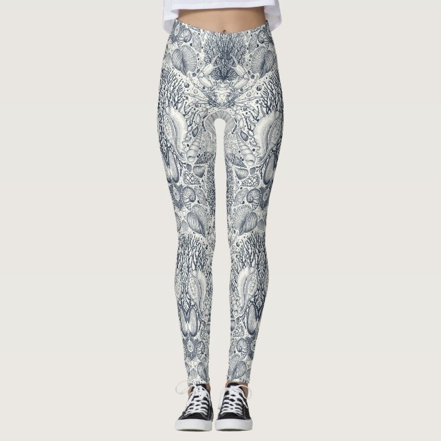 Beach treasures, seashells, crab, corals and seawe leggings (Front)