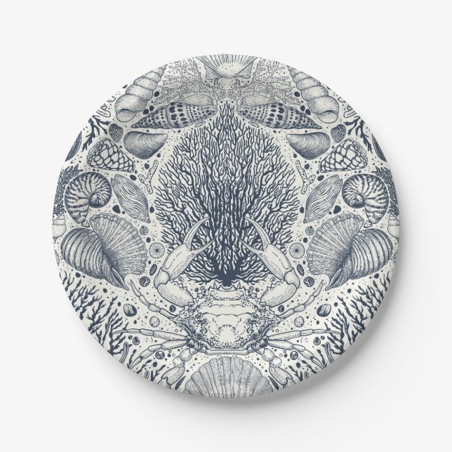 Beach treasures, seashells, crab, corals and seawe paper plate (Front)
