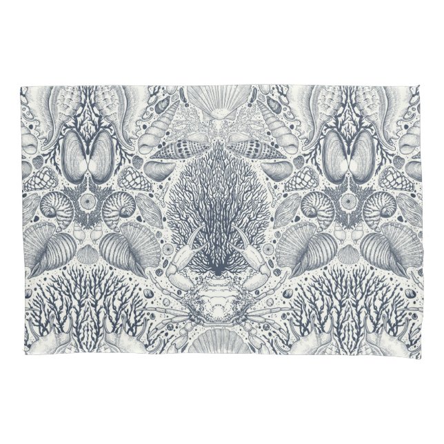 Beach treasures, seashells, crab, corals and seawe pillowcase (Front-Left)