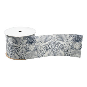 Beach treasures, seashells, crab, corals and seawe satin ribbon
