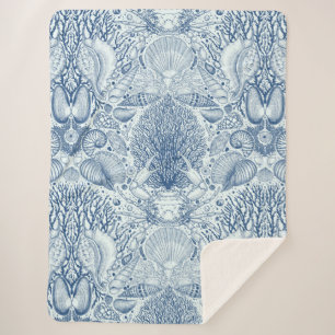 Beach treasures, seashells, crab, corals and seawe sherpa blanket