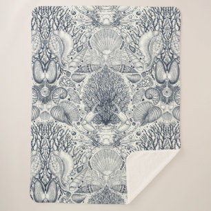 Beach treasures, seashells, crab, corals and seawe sherpa blanket