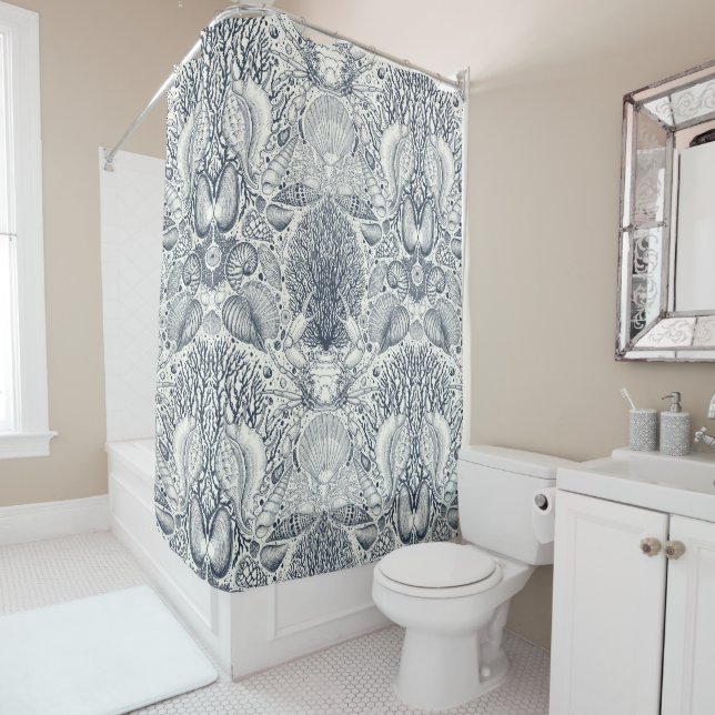 Beach treasures, seashells, crab, corals and seawe shower curtain (In Situ)
