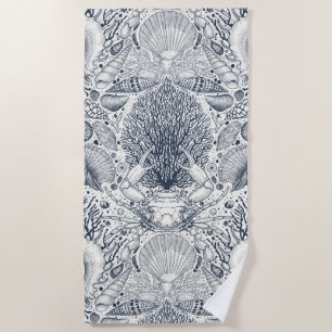 Beach treasures, seashells, crab, corals and seawe towel