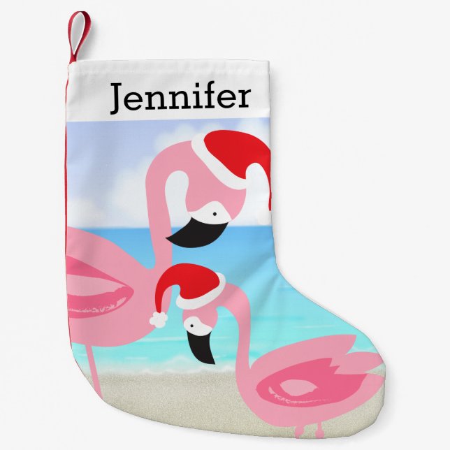 Beach Tropical Christmas Flamingo Birds Small Christmas Stocking (Front)