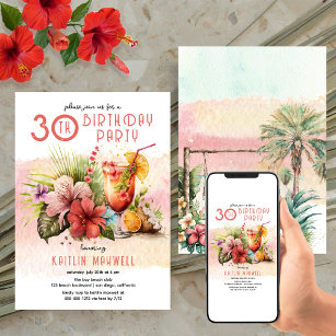 Beach Tropical Cocktails 30th Birthday Party Invitation