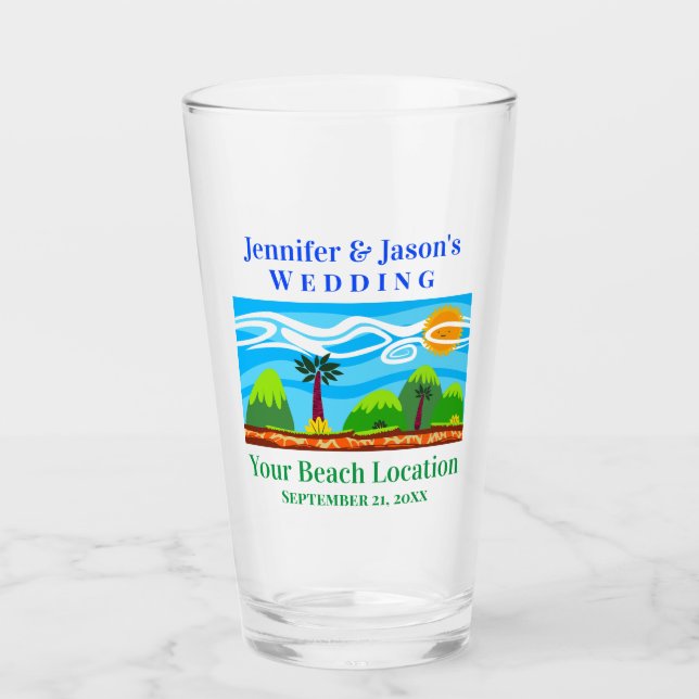 Beach Tropical Destination Wedding Favour Pint Glass (Front)