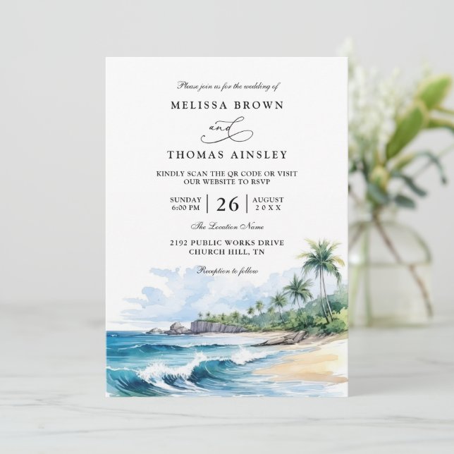 Beach Tropical Elegant Modern QR Code Wedding Invitation (Standing Front)