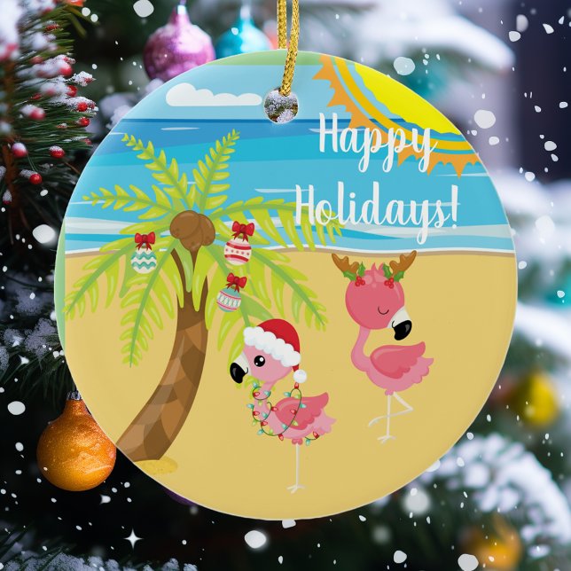 Beach Tropical Flamingo Christmas Holiday Ceramic Tree Decoration (Creator Uploaded)