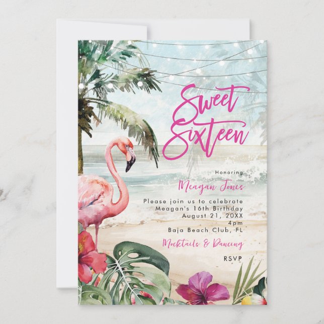 beach tropical flamingo sweet 16 invitation (Front)