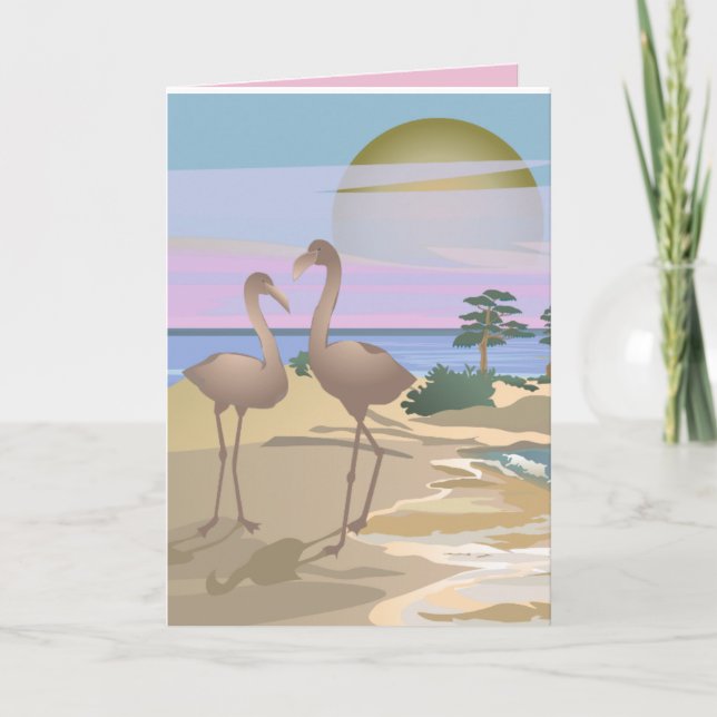 BEACH TROPICAL FLAMINGOS ART BIRTHDAY CARD (Front)