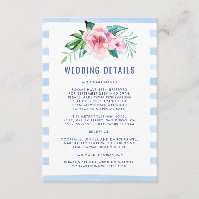 Beach Tropical Floral Watercolor Wedding Details Enclosure Card (Front)