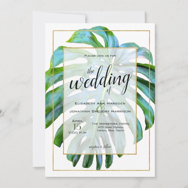 Beach Tropical Hawaii Leaf Photo Greenery Wedding Invitation (Front)