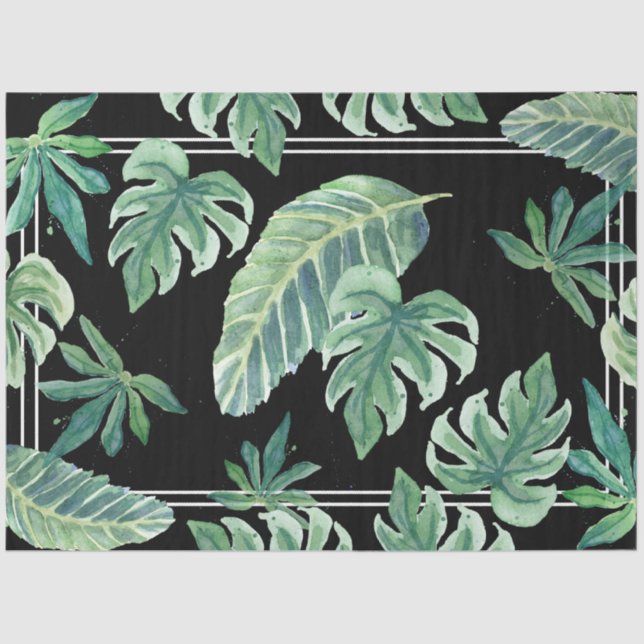 Beach Tropical Jungle Leaf Foliage Black n Green Tissue Paper (Front)