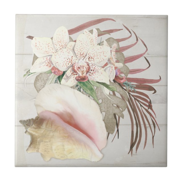 Beach Tropical Orchid Floral Conch Seashell Wooden Tile (Front)
