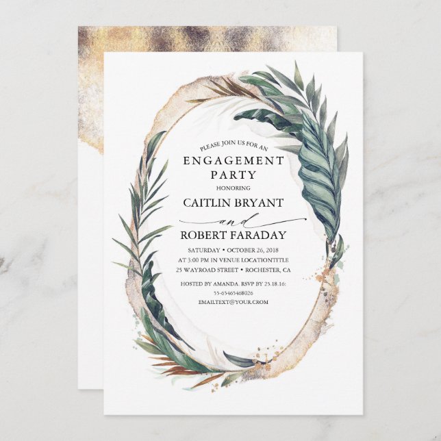 Beach Tropical Palm Leaves Gold Engagement Party Invitation (Front/Back)