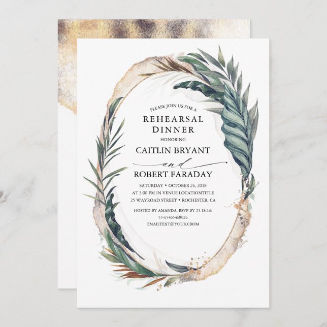 Beach Tropical Palm Leaves Gold Rehearsal Dinner Invitation (Front/Back)