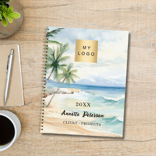 Beach tropical palm trees waves business logo notebook