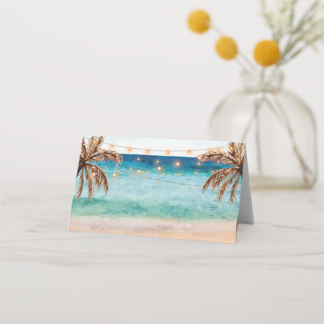beach tropical palm trees wedding party place card (Front)