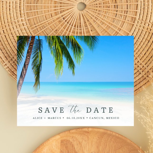 Beach Tropical Palm Wedding Budget Save the Date Announcement Postcard (Beach Tropical Palm Wedding Budget Save the Date)