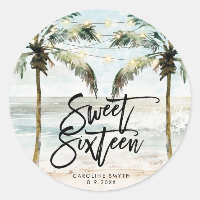 beach tropical palms sweet 16 birthday sticker (Front)